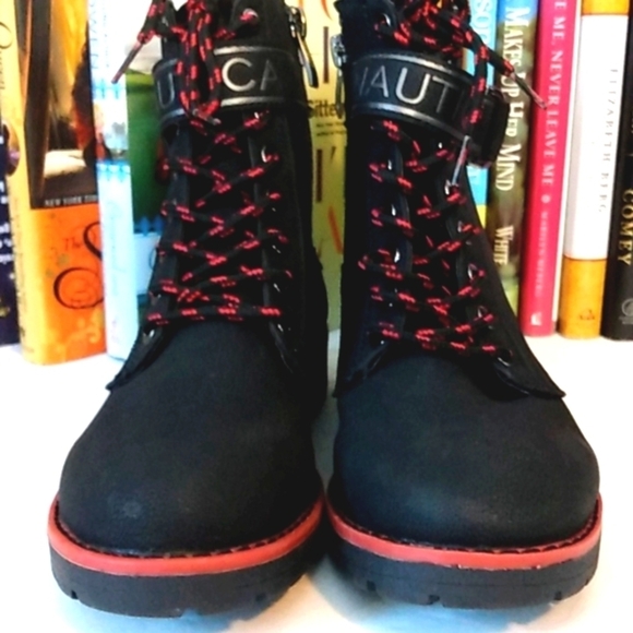 NAUTICA BLACK & RED LACE UP ANKLE BOOTS COMBAT MOTO BOOTS SIZE 5.5 NWOT - Picture 4 of 10